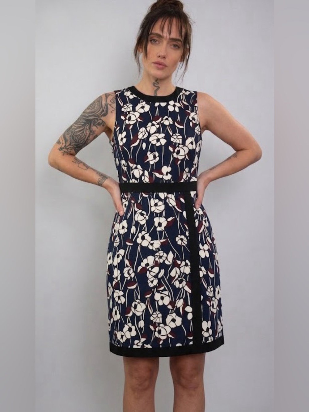Ann Taylor Navy Floral Sleeveless Dress with White and Brown Accents